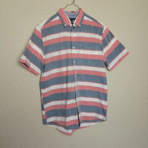 TOMMY- HILFIGER men's striped short-sleeved button-down shirt blue/pink size s/p